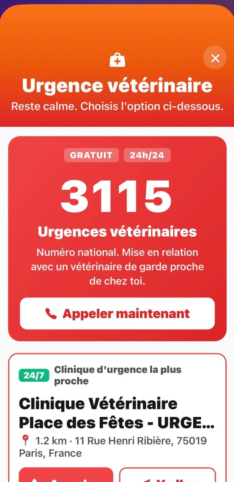 Modale Urgence vétérinaire avec numéro 3115