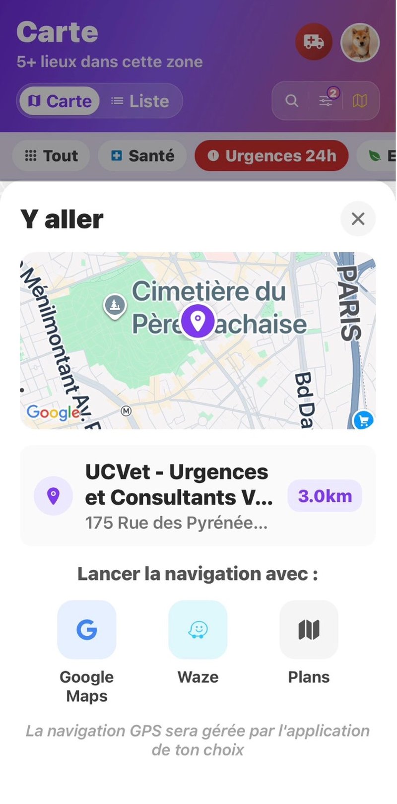 Lancer la navigation avec Google Maps, Waze ou Plans