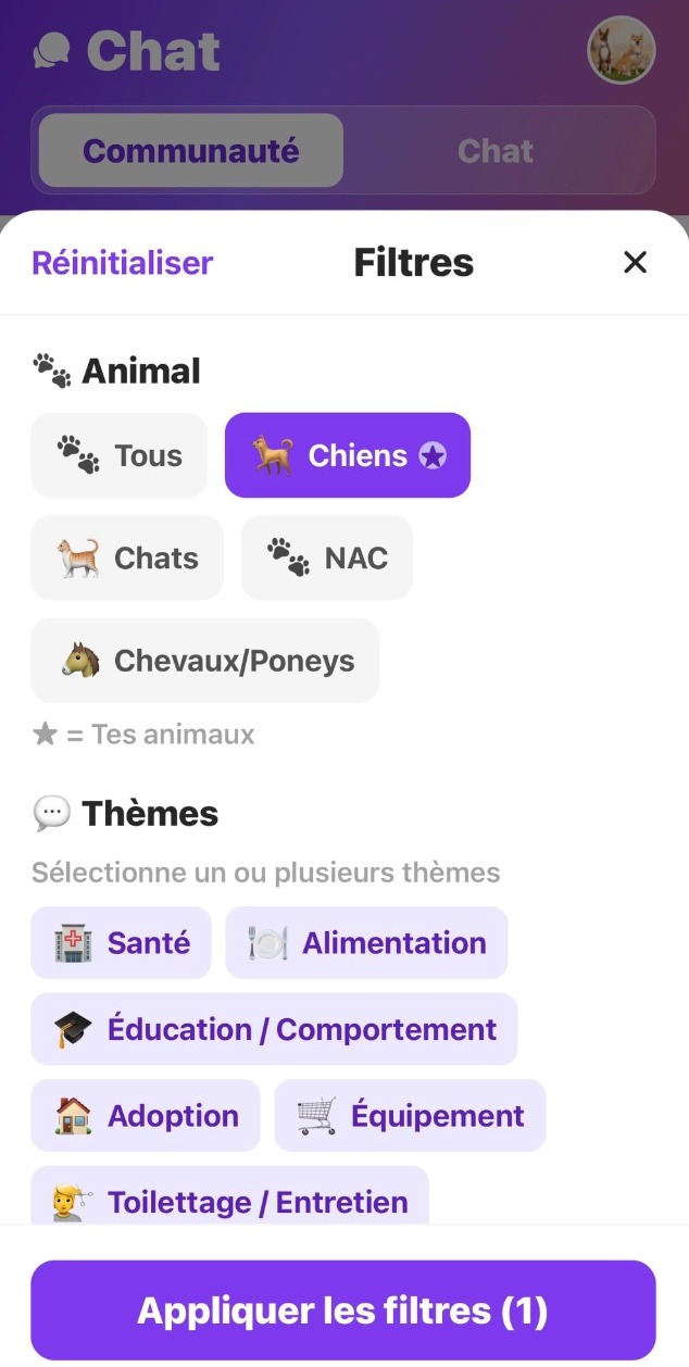 Filtres puissants par animal