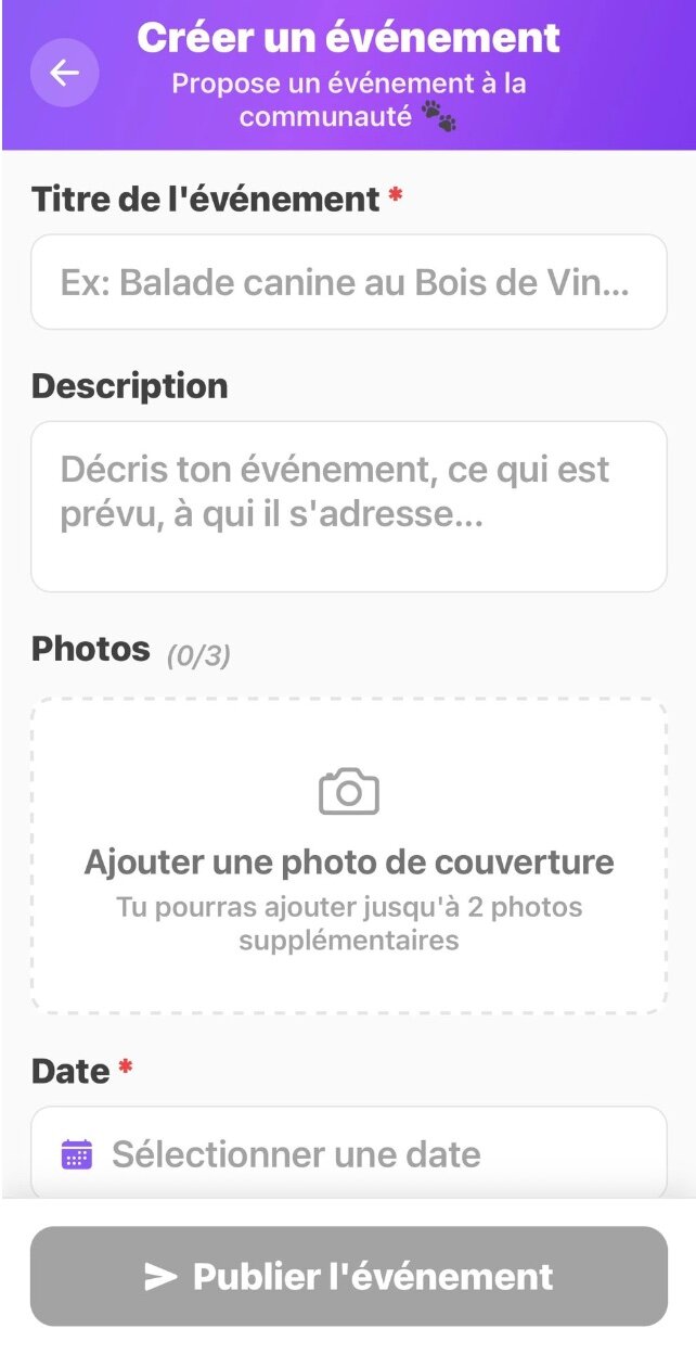 Formulaire de création d'événement