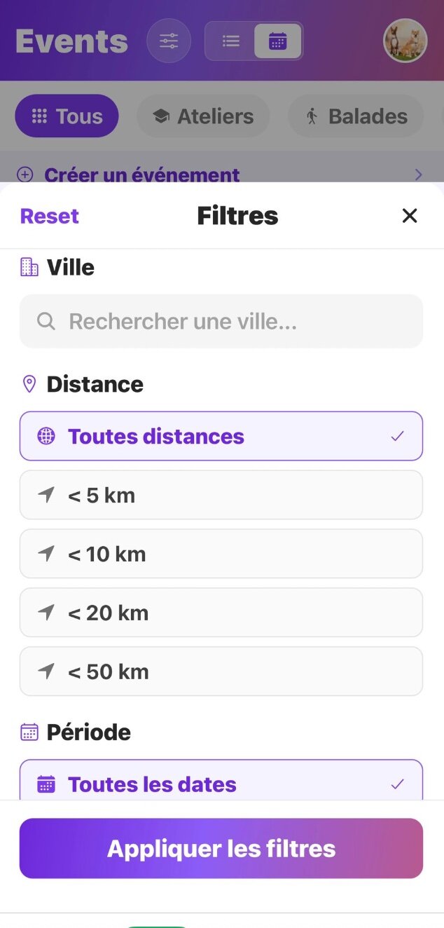 Filtres ville et distance