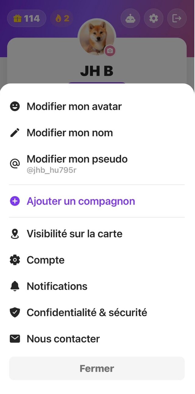 Menu des paramètres avec gestion des compagnons