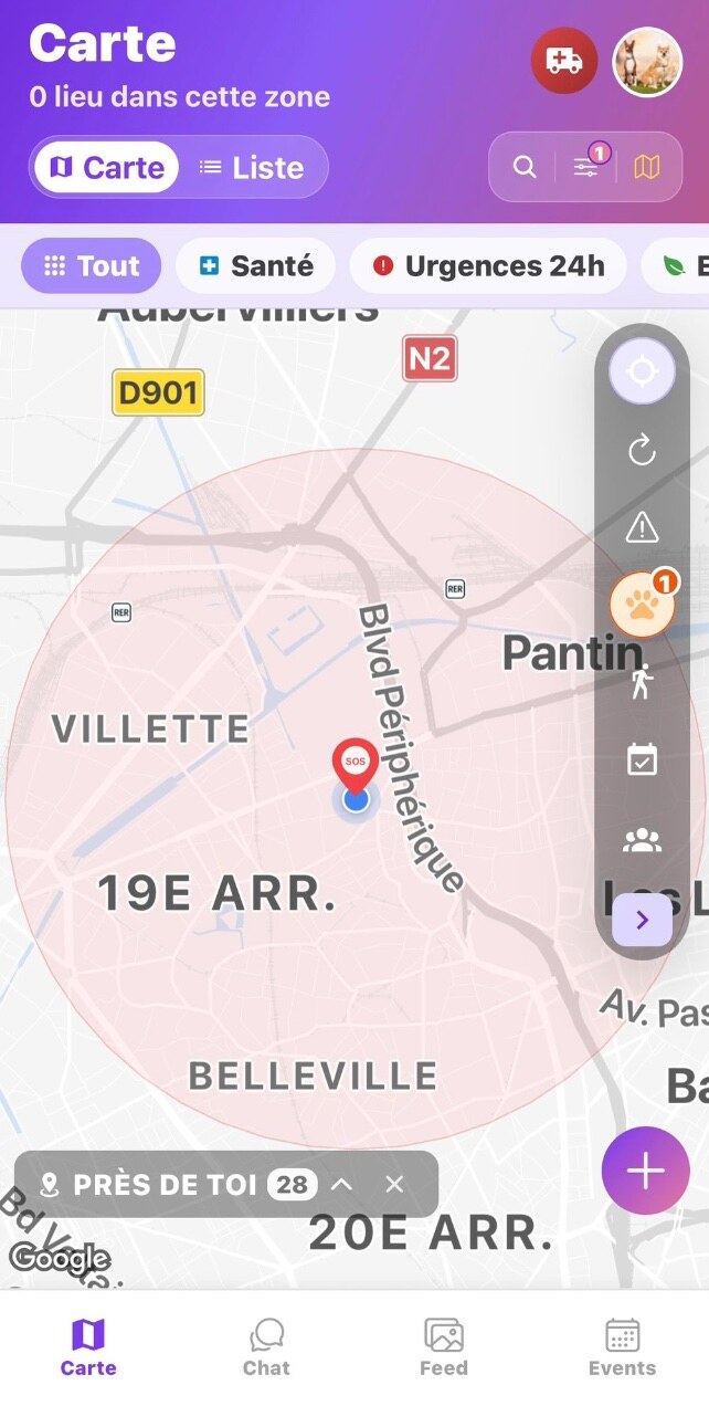 Marker de signalement sur la carte avec zone d'alerte autour