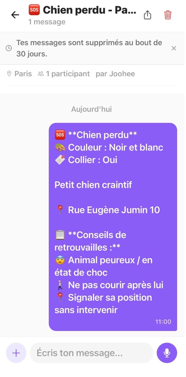Discussion de groupe dédiée à un signalement avec photos et infos