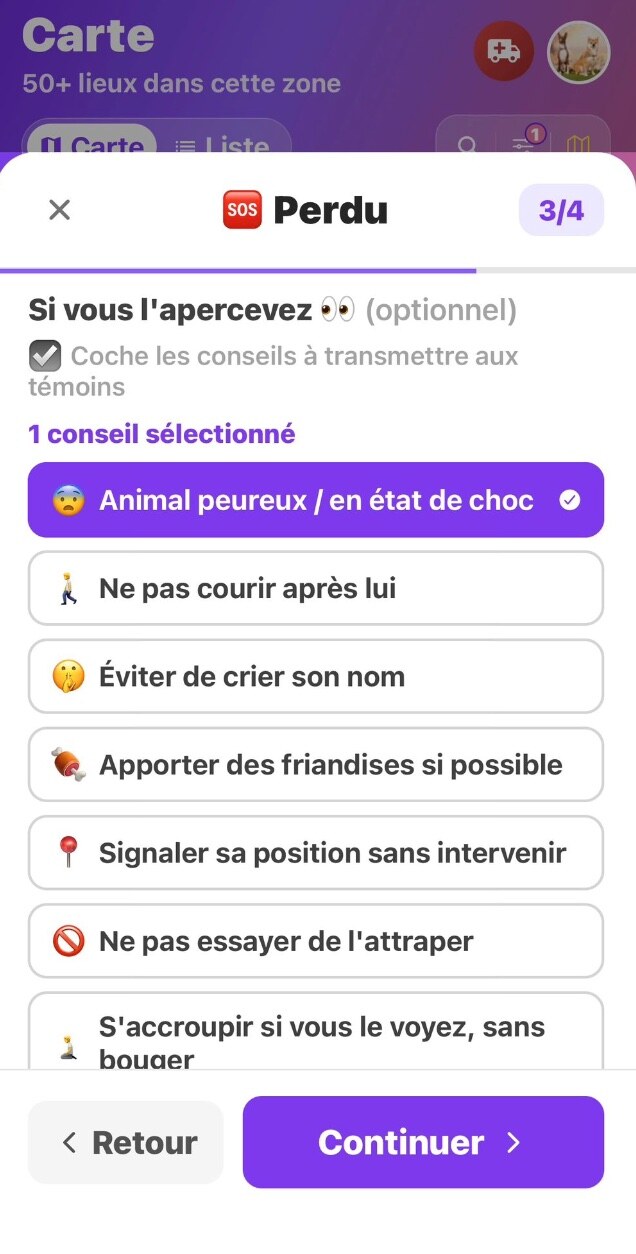 Liste des conseils à transmettre aux témoins d'un animal perdu