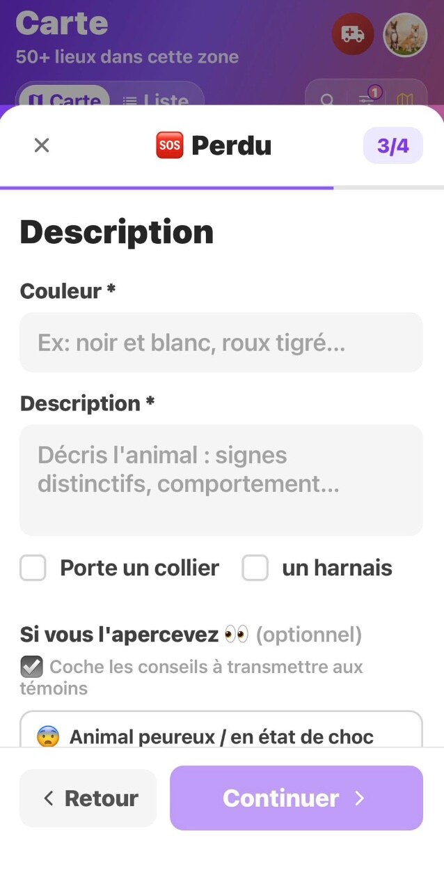 Description avec couleur, collier, harnais